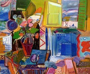 cuadros-de-paisajes.pinturas.artistas-contemporaneos-modernos.pintores.jose-manuel-merello.-jarron-de-flores-en-la-habitacion-mediterranea.-(81-x-100-cm)-tecnica-mixta-sobre-lienzo